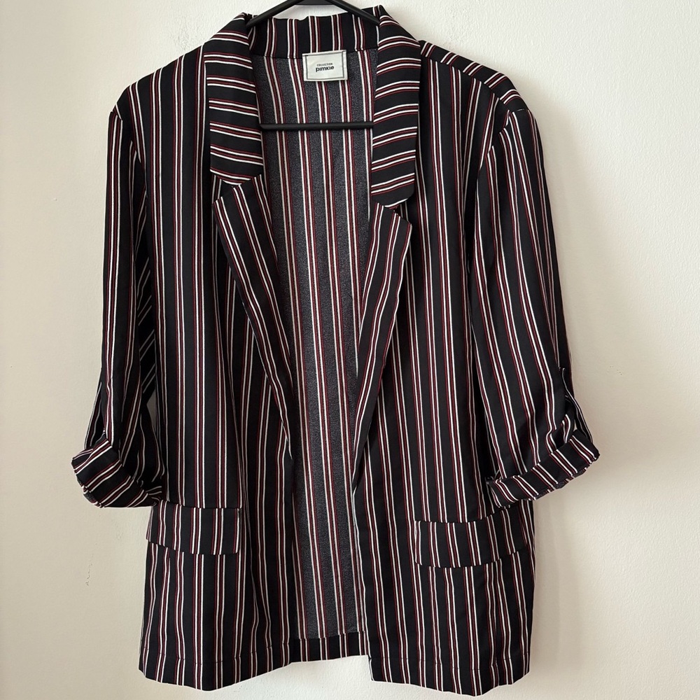 Pimkie Striped Blazer Ruched 3/4 Sleeve Burgundy Black White